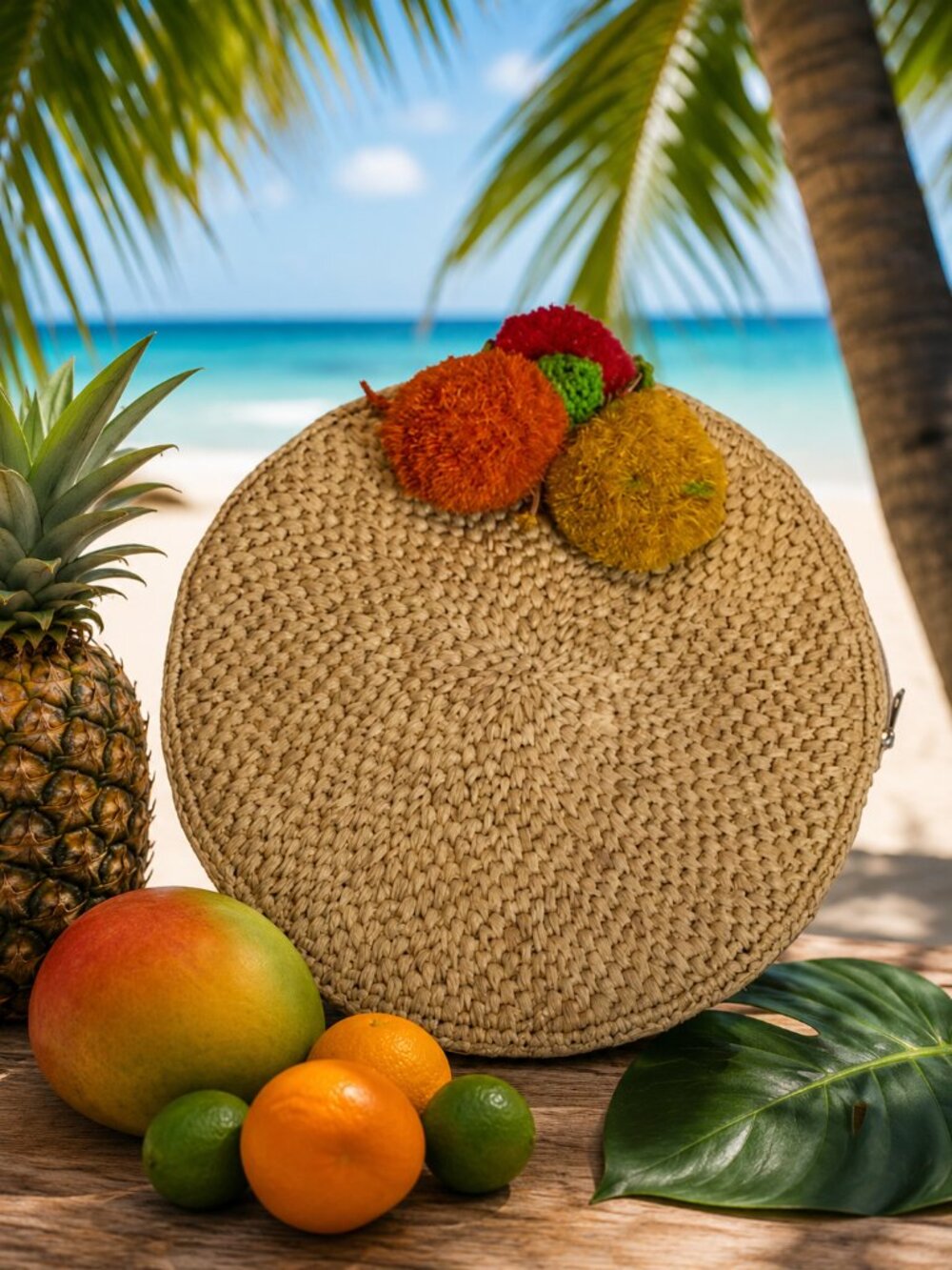 MAR Y SOL Round Straw Clutch Pom Pom Trim Woven Resort Bag